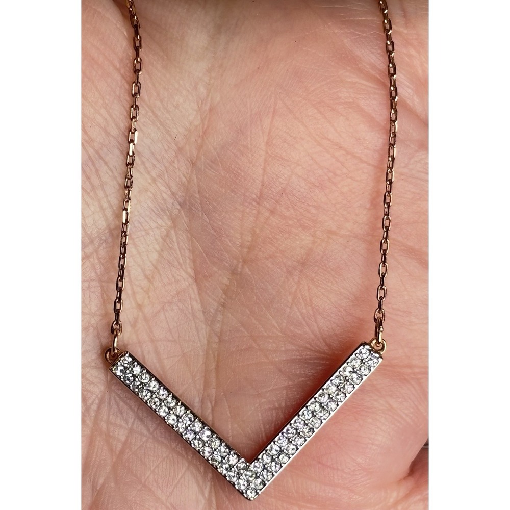 V Pendant Necklace Signed Swarovski Crystal Rose Gold Tone Chain 16.5"